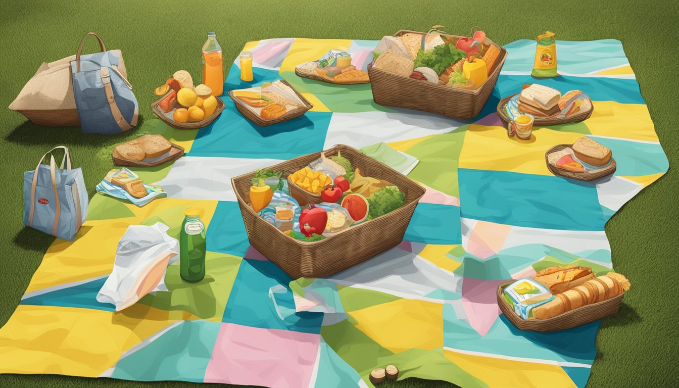 A sunny picnic spot with a colorful waterproof mat made from upcycled Buc-ee's shopping bags spread out on the grass