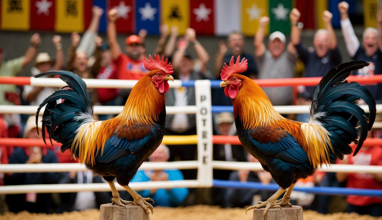 Dua ayam jantan berhadapan di arena pertarungan yang ditinggikan, dikelilingi oleh penonton yang bersorak dan spanduk berwarna-warni