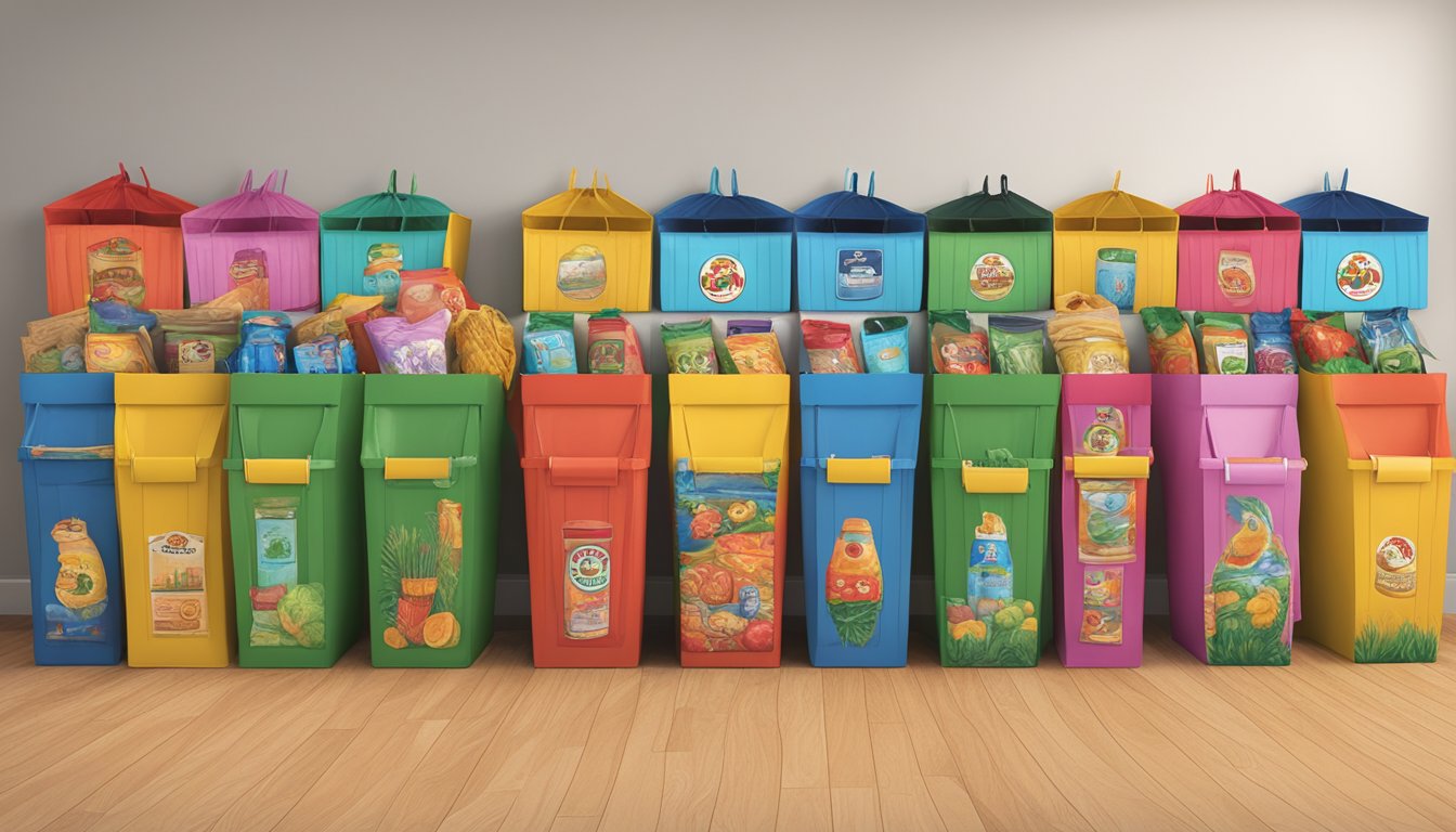 A row of colorful Buc-ee's shopping bags repurposed as liners for various upcycled trash bins