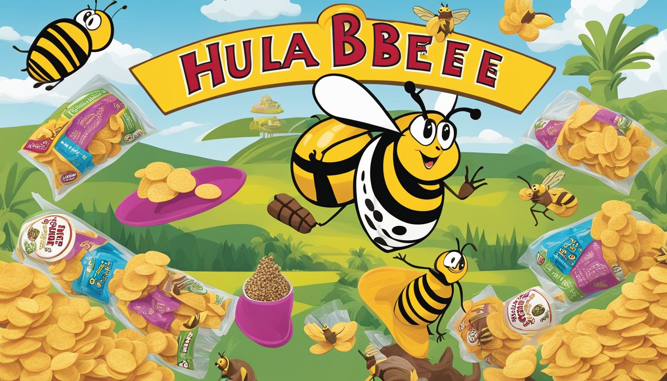 A colorful display of Hula Bee Chips surrounded by quirky Buc-ee's product names, with a playful and lighthearted vibe