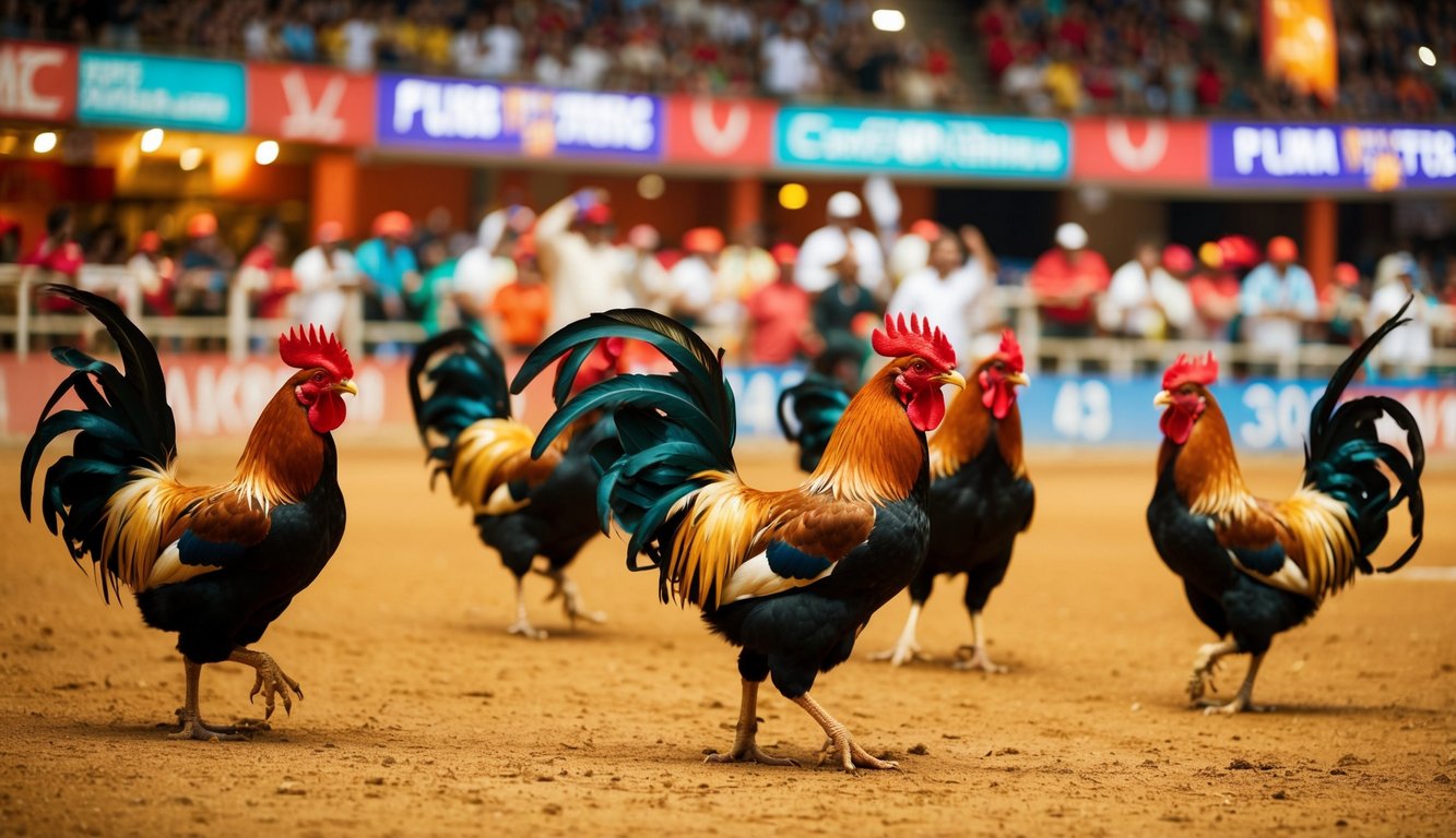 Sebuah arena sabung ayam yang ramai dan penuh warna dengan penonton yang bersorak dan ayam jantan berwarna-warni di tengah pertarungan yang sengit