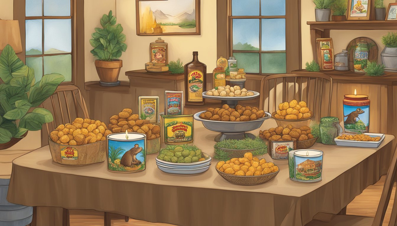 A table displaying various Buc-ee's products, including Beaver Nuggets, surrounded by decorative housewarming items such as candles and plants