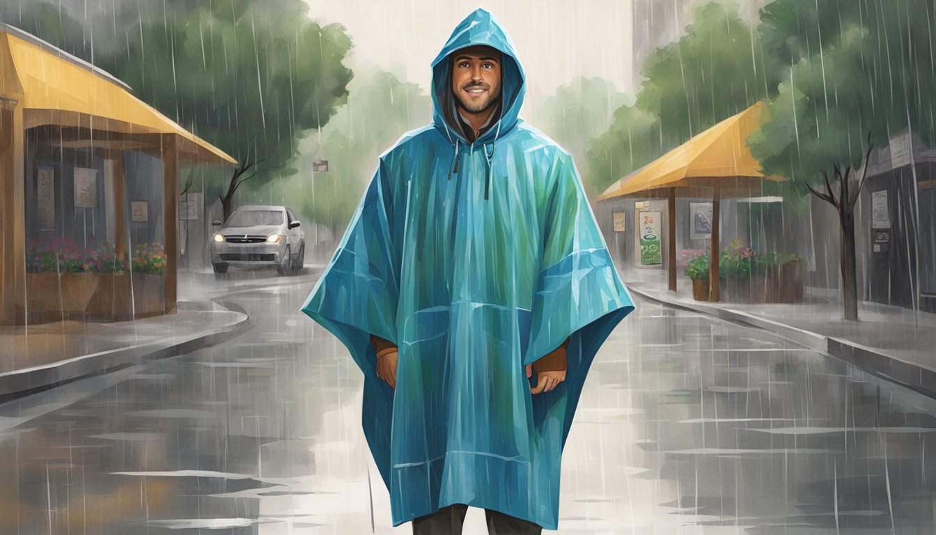 A person wearing a rain poncho made from upcycled Buc-ee's shopping bags, standing in the rain