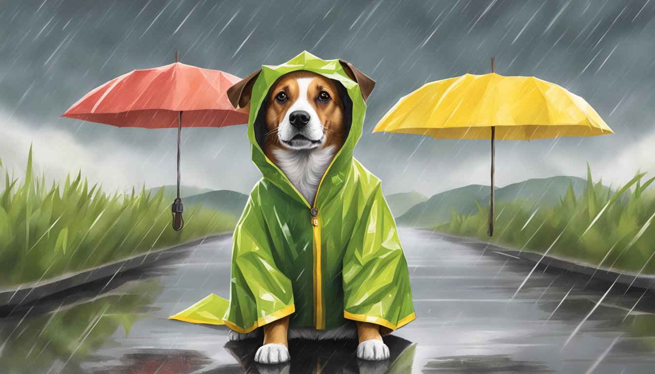 A dog wearing a raincoat made from upcycled Buc-ee's shopping bags, standing in the rain