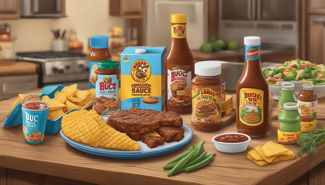 A table adorned with Buc-ee's Texas Round Up BBQ Sauce and other Buc-ee's products, ready to be given as housewarming gifts