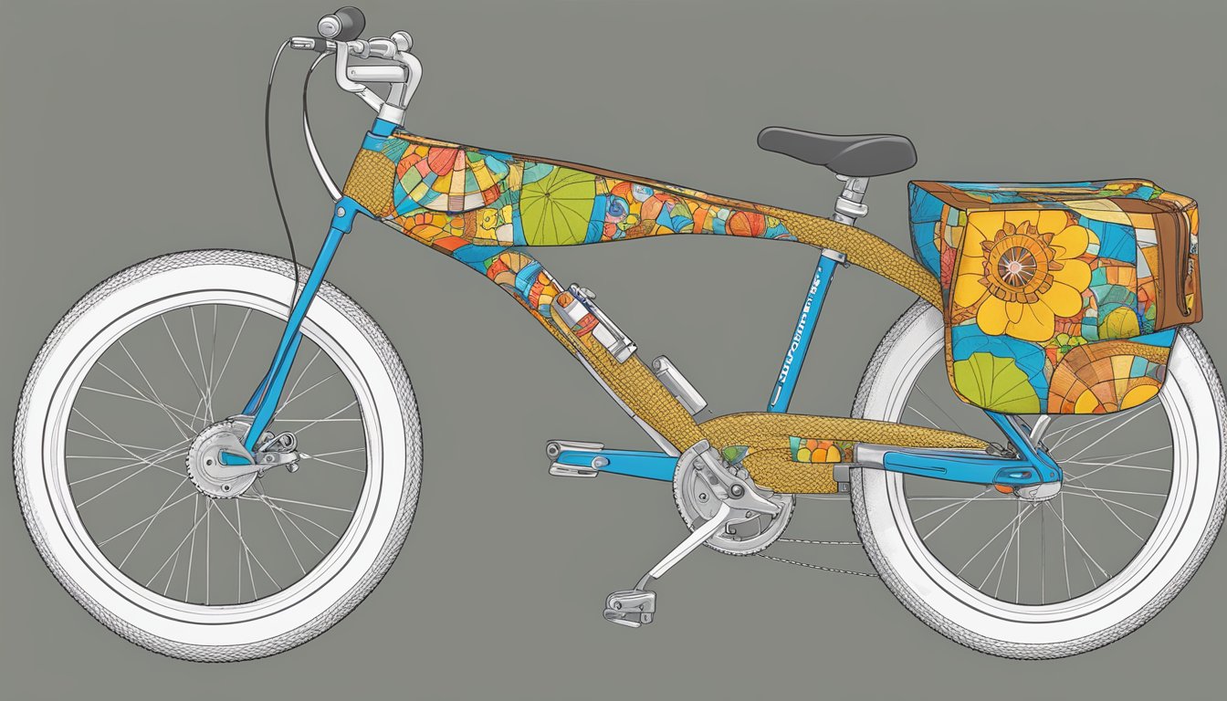 A bike seat with a cover made from colorful upcycled Buc-ee's shopping bags, secured with elastic bands