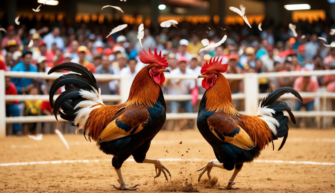 Sebuah arena yang ramai dengan penonton yang bersorak, dua ayam jantan saling berhadapan dalam pertarungan sengit, bulu-bulu beterbangan saat mereka bertabrakan dalam pertandingan sabung ayam tradisional