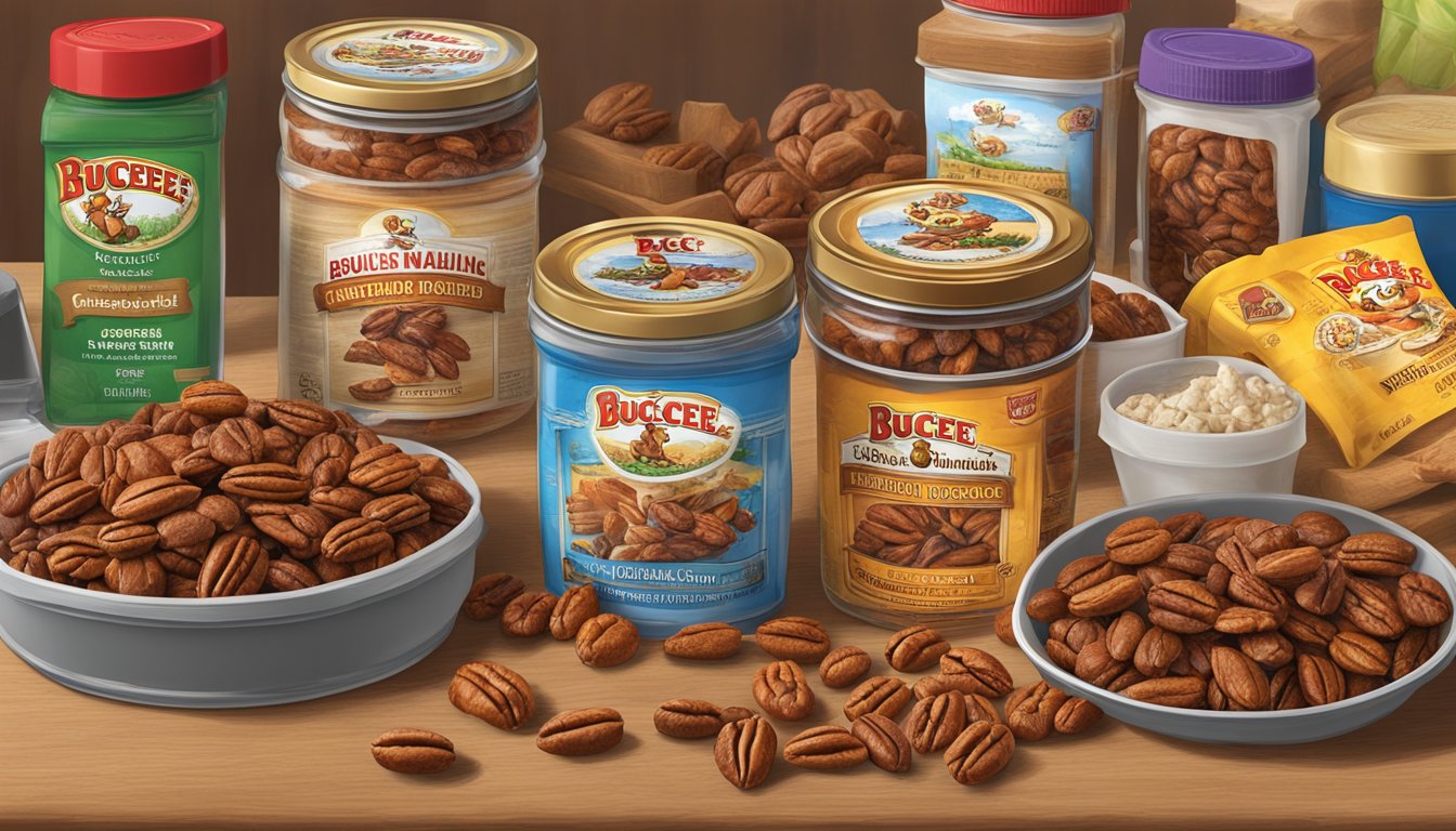 A table with a variety of Buc-ee's products, including a prominently displayed container of Cinnamon Roasted Pecans