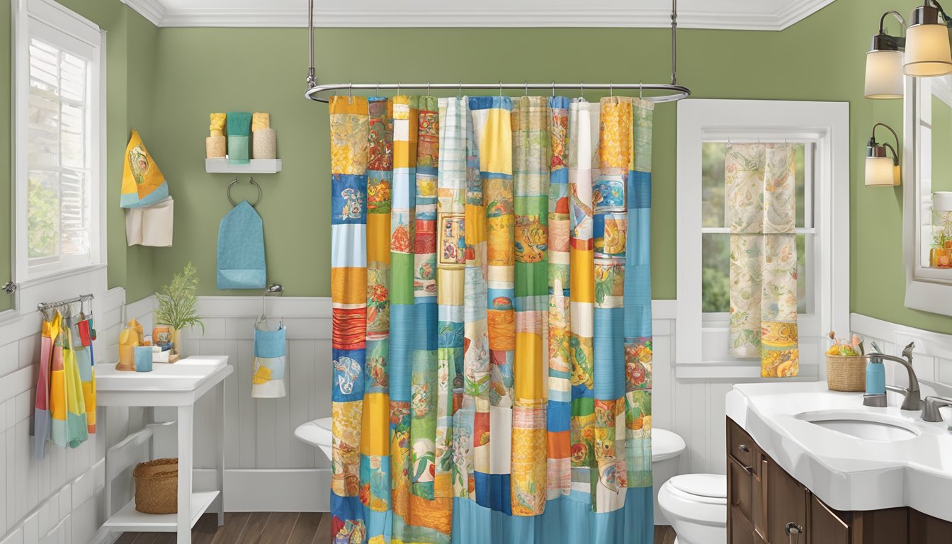 A shower curtain made of colorful Buc-ee's shopping bags hanging in a bathroom, with various upcycled designs such as patchwork and applique