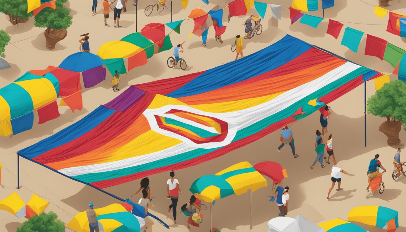 A colorful festival flag made from upcycled Buc-ee's shopping bags flutters in the breeze, showcasing 16 creative ways to repurpose the iconic Texas brand's packaging