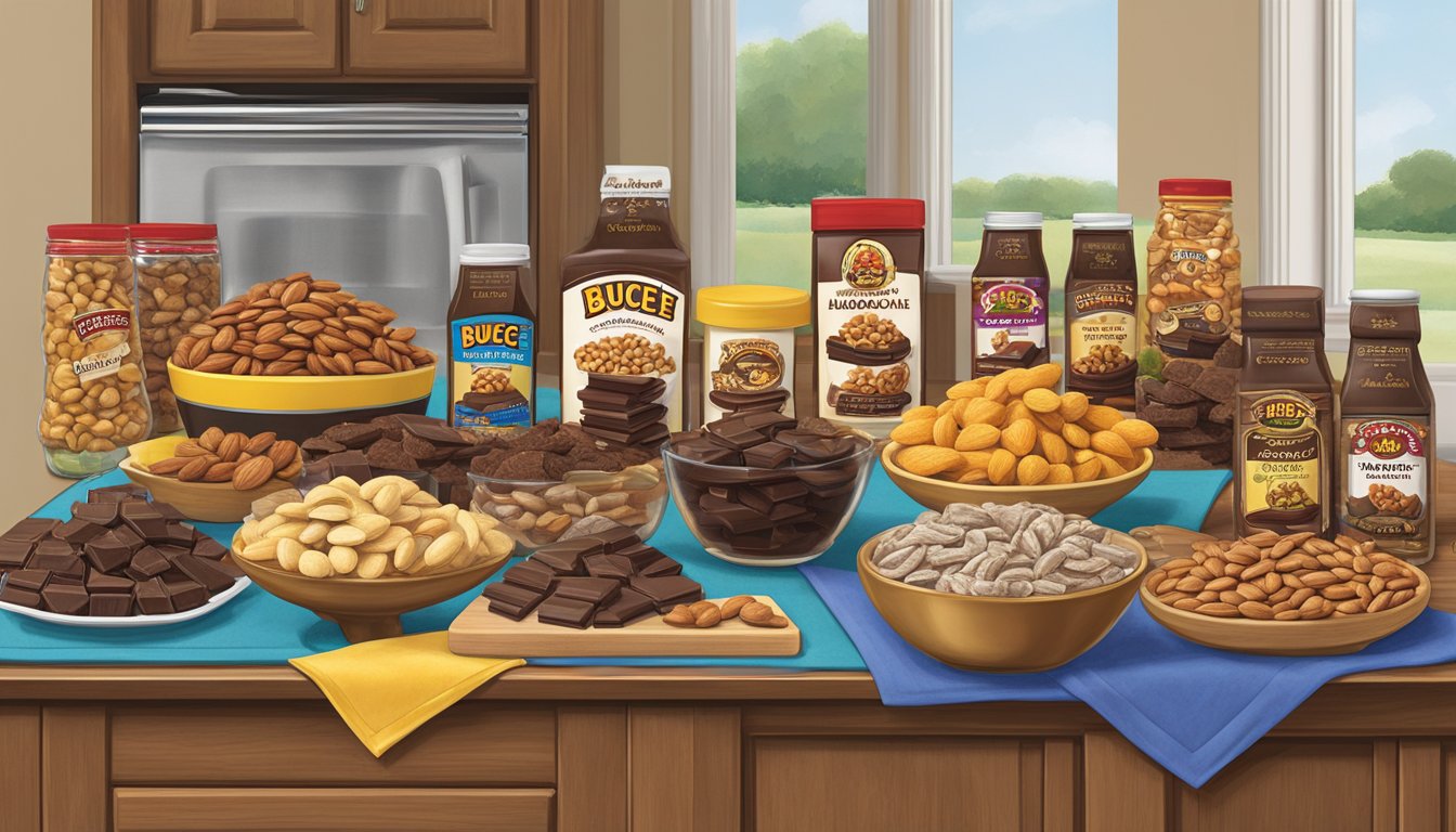 A table set with a variety of Buc-ee's dark chocolate almond products, arranged neatly for a housewarming gift display