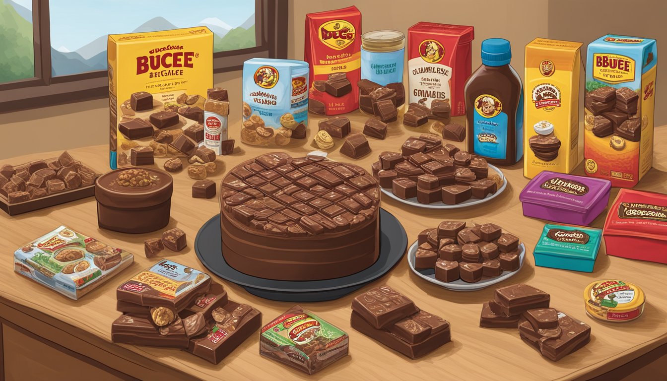 A display of Buc-ee's chocolate pecan fudge surrounded by other Buc-ee's products, arranged neatly on a table, ready for gifting