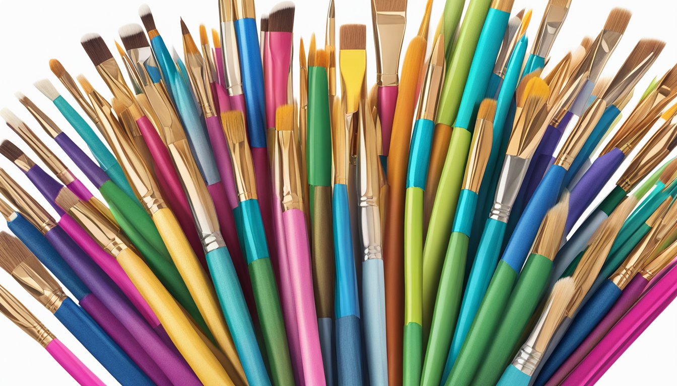 A pile of colorful, sturdy art brushes made from upcycled Buc-ee's shopping bags arranged in various patterns and sizes