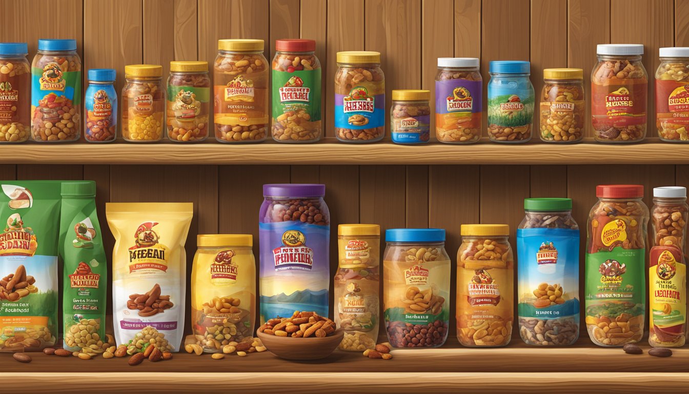 A colorful display of Buc-ee's Cajun Trail Mix and other products arranged on a wooden shelf, with a warm and inviting atmosphere