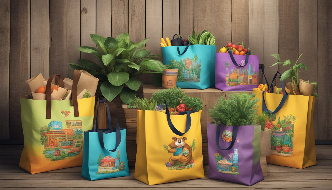 A pile of colorful Buc-ee's shopping bags arranged in various upcycled forms, such as a tote bag, rug, and plant pots, displayed against a rustic backdrop