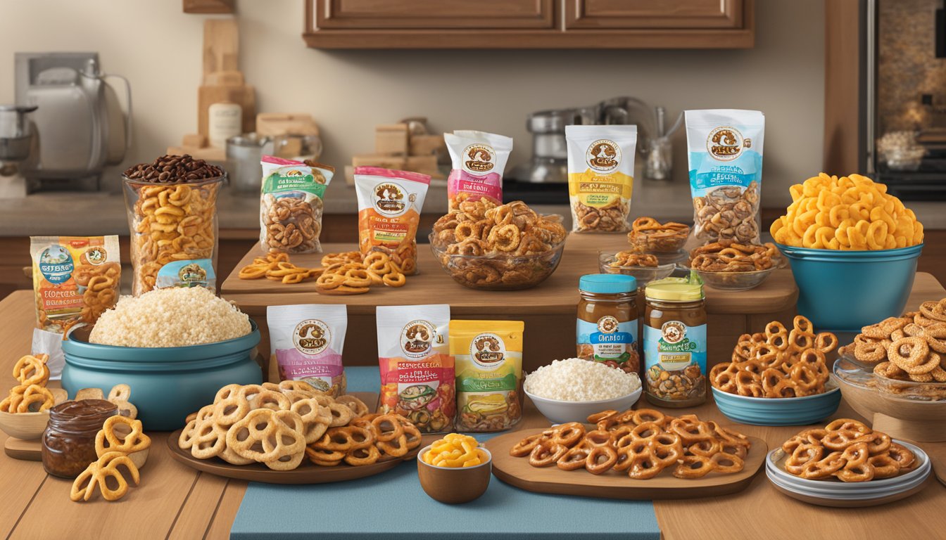 A table with a variety of Buc-ee's products, including Sea Salt Caramel Pretzels, arranged for a housewarming gift display