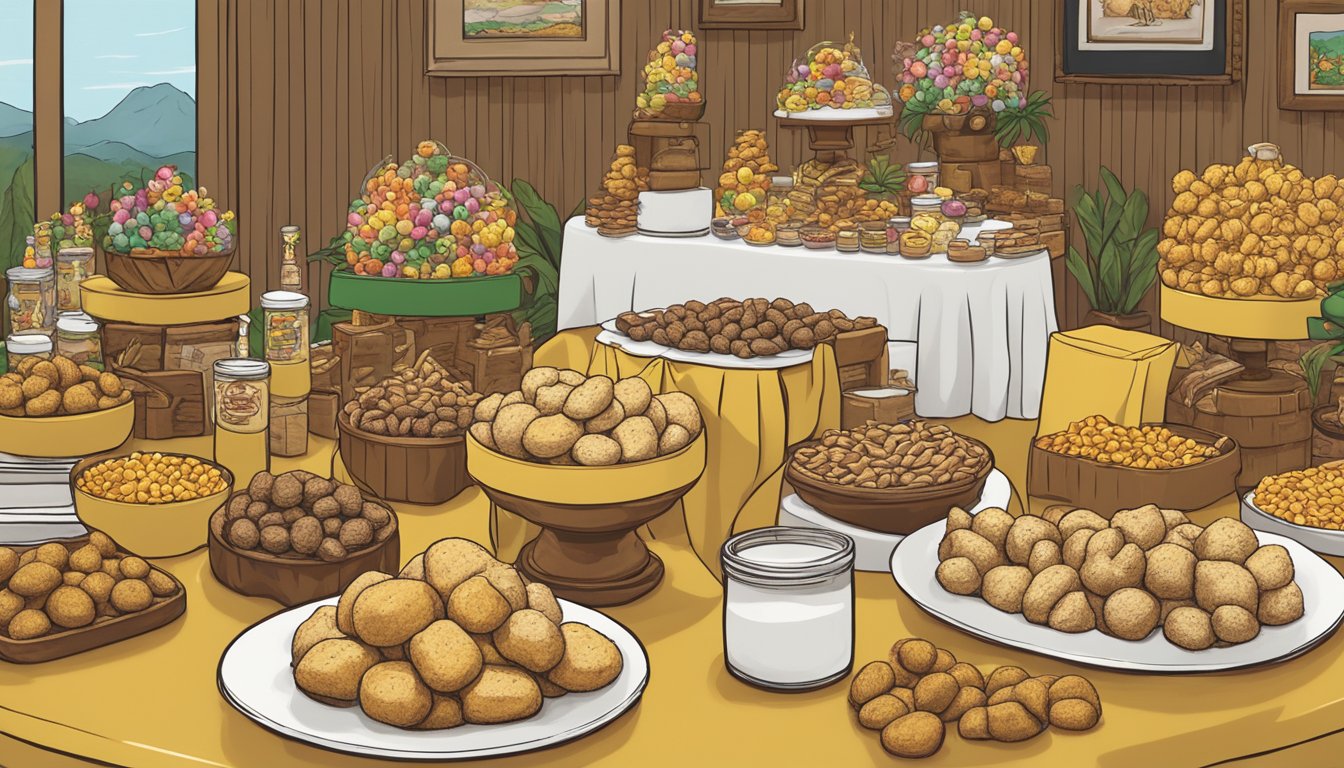 A table adorned with Buc-ee's Beaver Nuggets and other products, surrounded by wedding decor, ready to be given as favors