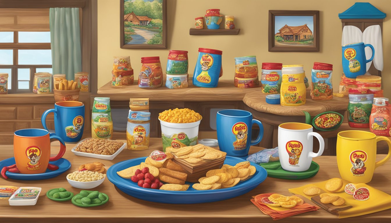 A colorful display of Buc-ee's products arranged on a table, including mugs, snacks, and home decor items, with a welcoming housewarming theme