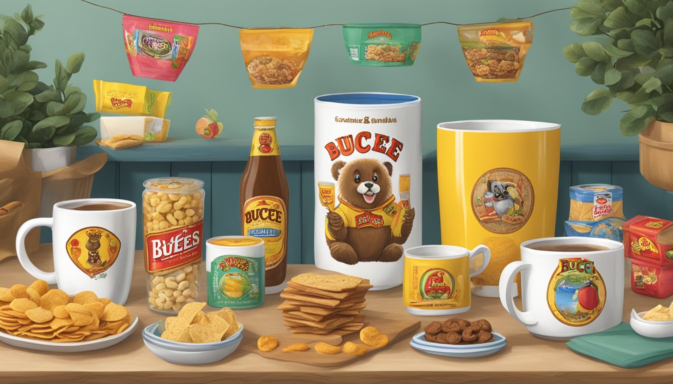 A table adorned with Buc-ee's products like mugs, snacks, and home decor, arranged for a housewarming gift exchange