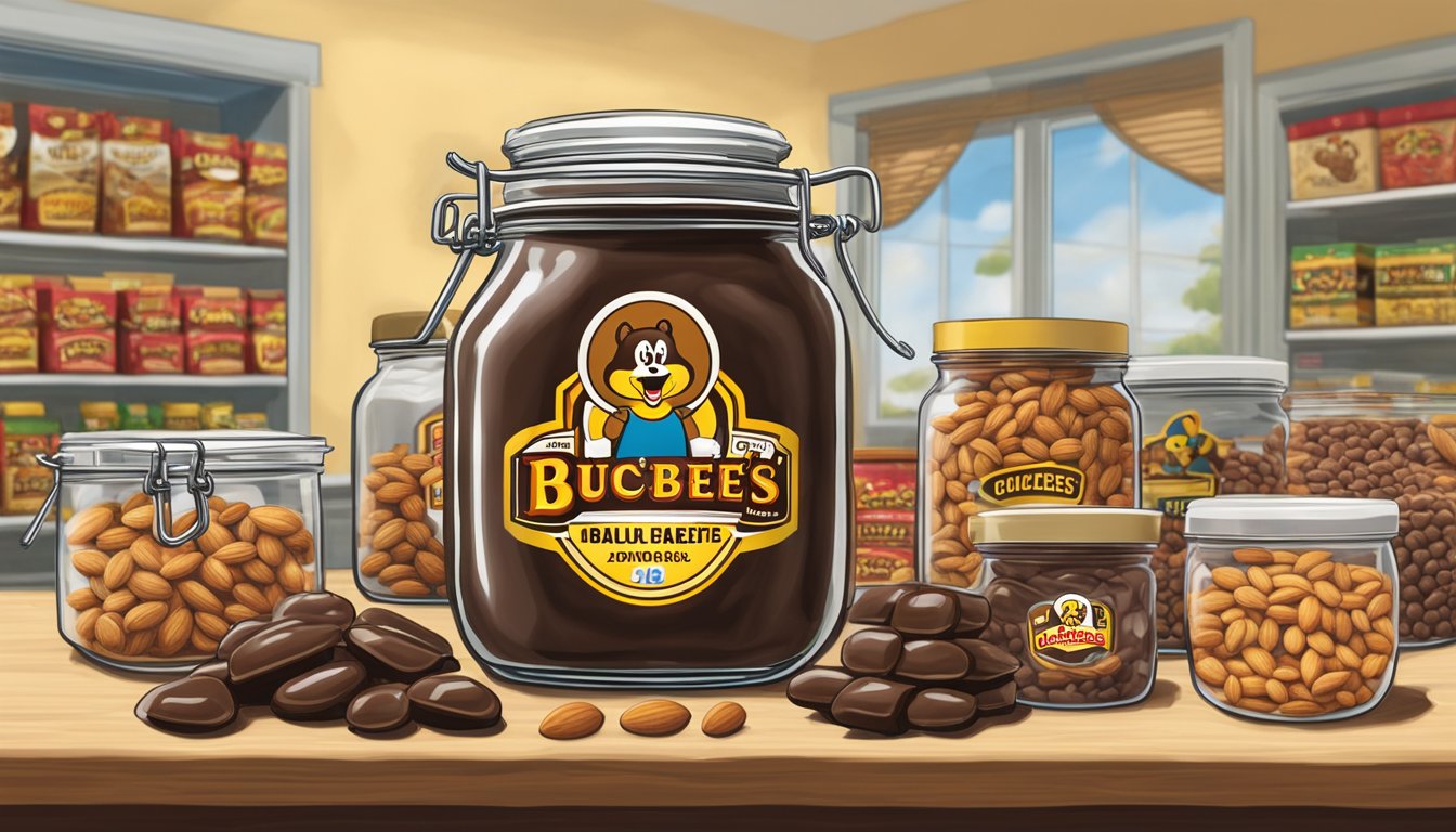 A clear glass jar filled with chocolate-covered almonds, adorned with a Buc-ee's logo, surrounded by other Buc-ee's products on a table