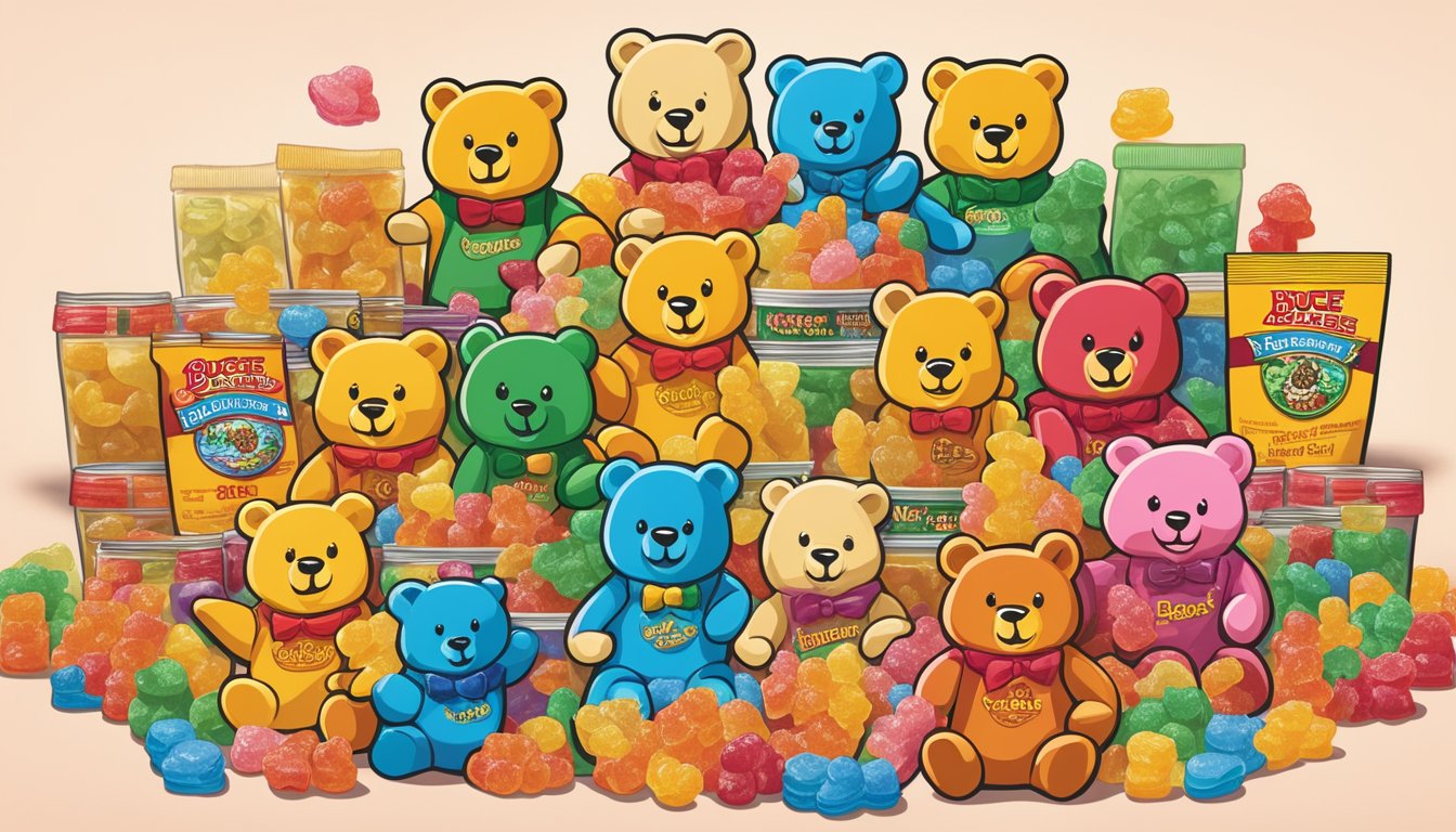 A display of Buc-ee's gummy bears surrounded by various Buc-ee's products, arranged as potential wedding favors