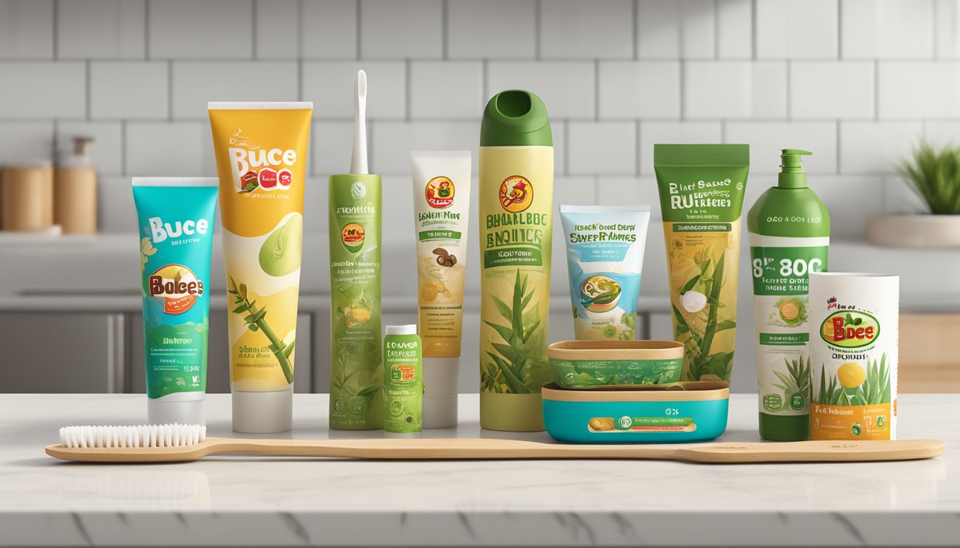 A bamboo toothbrush surrounded by other eco-friendly Buc-ee's products on a clean, modern countertop