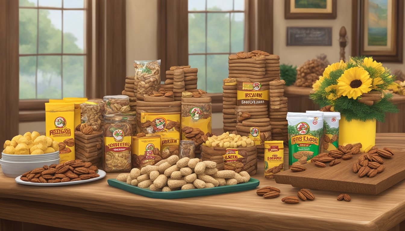 A display of Buc-ee's Pecan Logs and other products arranged on a table, with wedding decorations in the background