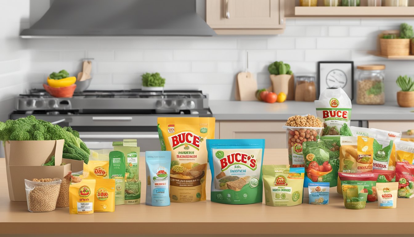 A kitchen counter with various eco-friendly Buc-ee's products, including silicone food storage bags, arranged neatly for display