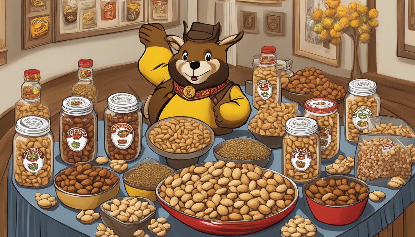 A display of Buc-ee's Seasoned Almonds surrounded by other Buc-ee's products, arranged for a wedding favor showcase