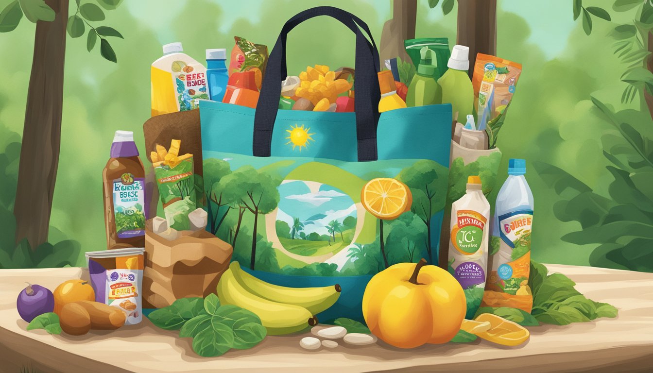 A colorful tote bag filled with eco-friendly Buc-ee's products, such as reusable water bottles, snacks, and toiletries, surrounded by greenery and nature-inspired elements