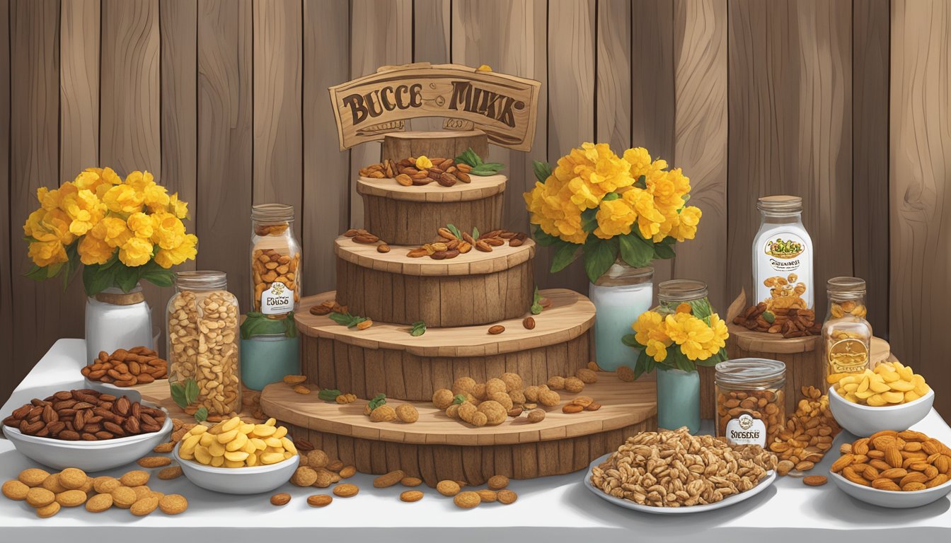 A rustic wedding table adorned with Buc-ee's Trail Mix and other Buc-ee's products arranged as wedding favors