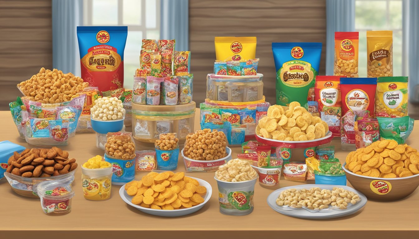 A display of 12 Buc-ee's products arranged on a table, including snacks, candies, and novelty items, with a wedding theme