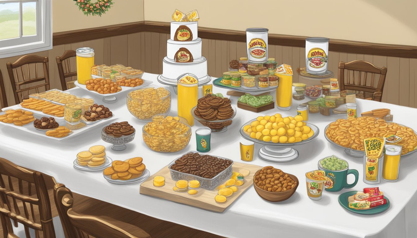 A wedding reception table adorned with personalized Buc-ee's products, such as mugs, keychains, and snacks, arranged as unique and thoughtful favors for guests