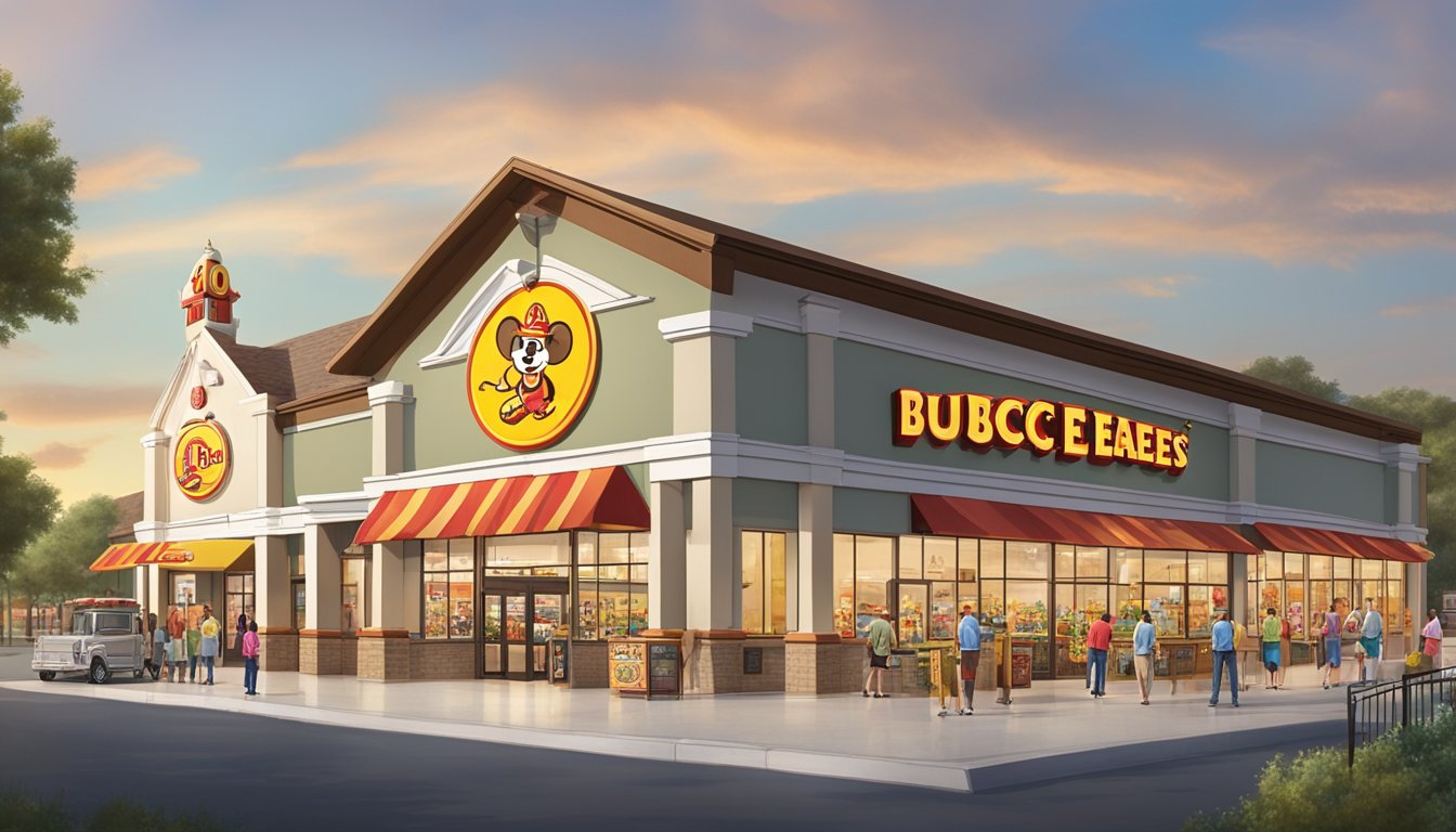 A row of 10 Buc-ee's stores, each with unique local specialties displayed outside. The stores are surrounded by bustling activity and vibrant signage