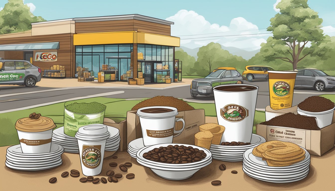 A stack of compostable coffee cups surrounded by various eco-friendly Buc-ee's products