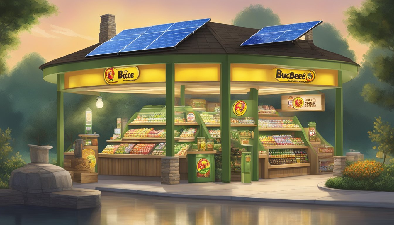 A solar-powered flashlight illuminating a display of eco-friendly Buc-ee's products in a nature-inspired setting