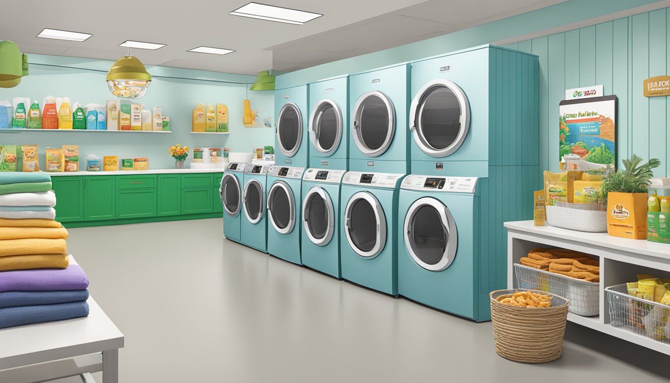 A laundry room with eco-friendly pods next to Buc-ee's products