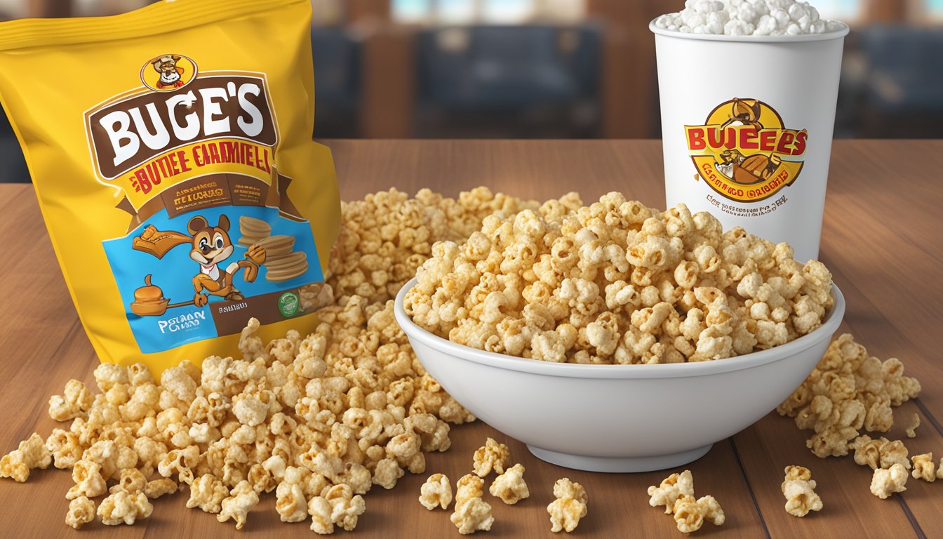 A bowl of salted caramel pecan popcorn sits next to a bag of Buc-ee's snacks, surrounded by workout equipment