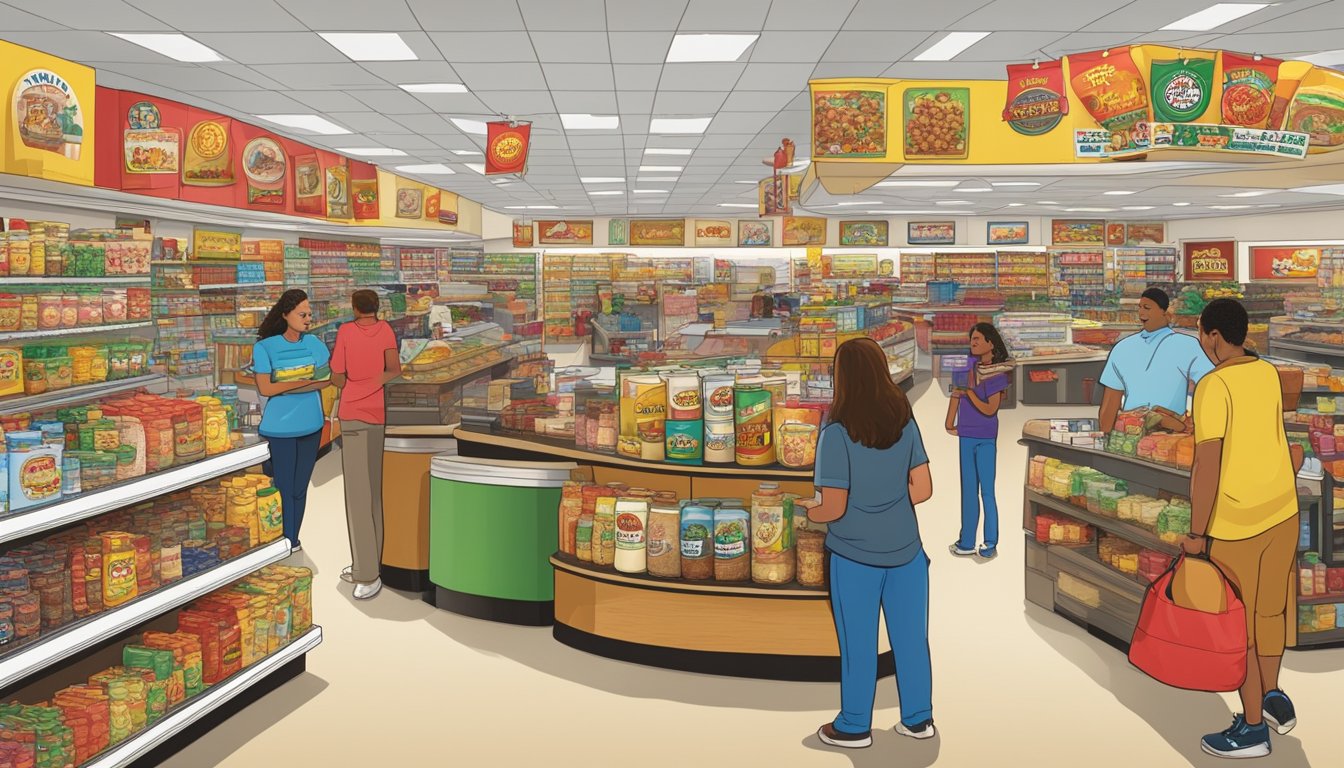 A bustling Buc-ee's store with shelves stocked with unique local specialties from 10 different locations. Customers browsing and sampling the diverse products