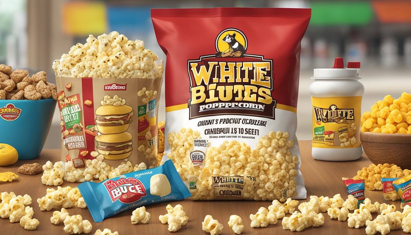 A bag of white cheddar popcorn surrounded by various Buc-ee's snacks, with workout equipment in the background