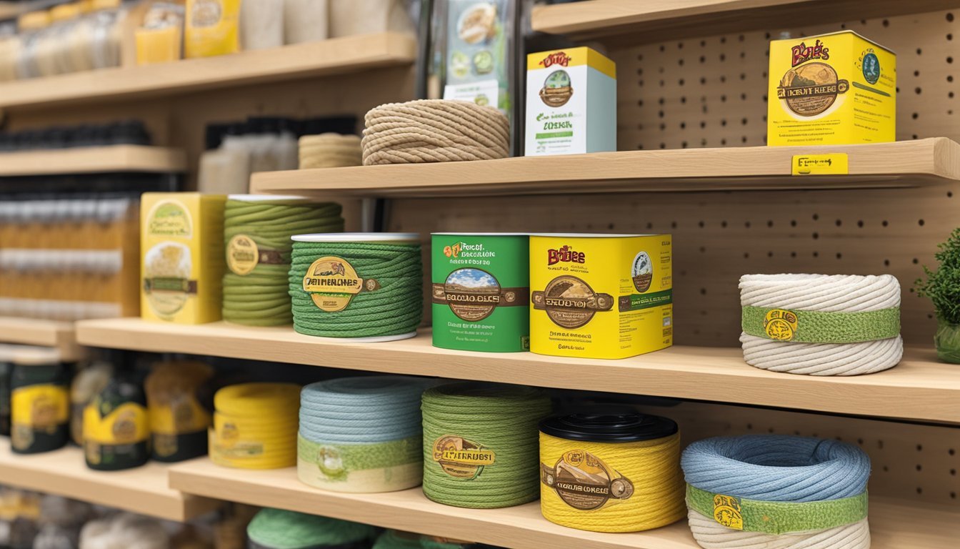 A coil of natural fiber rope sits on a wooden display shelf among other eco-friendly products at Buc-ee's