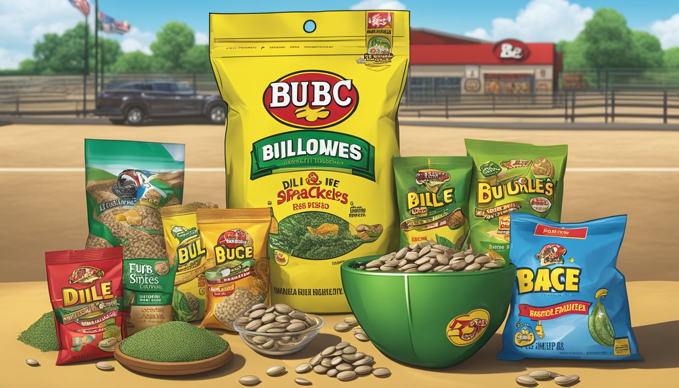 A bag of Dill Pickle Sunflower Seeds sits next to a variety of Buc-ee's snacks, ready to fuel a workout