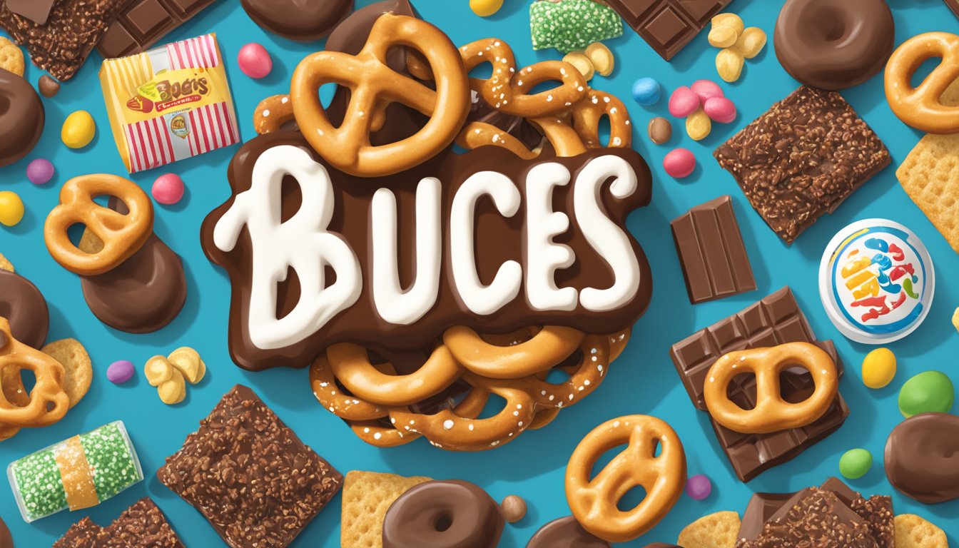 A pile of chocolate-covered pretzels surrounded by various snack items, with a Buc-ee's logo in the background