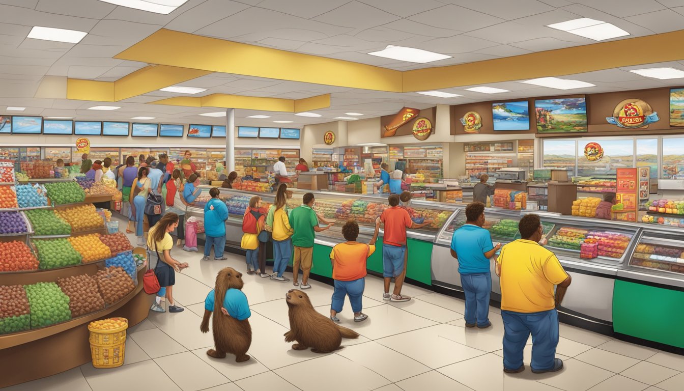 A bustling Buc-ee's rest stop with a giant beaver mascot, colorful merchandise, and a line of customers at the checkout counter