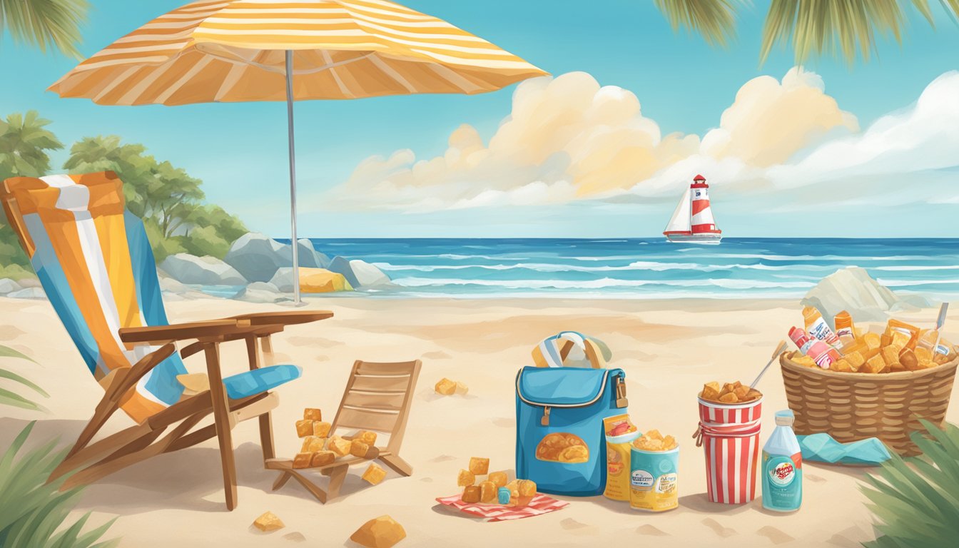 A beach scene with a picnic blanket, umbrella, beach chairs, cooler, and a bag of Buc-ee's Sea Salt Caramel Taffy