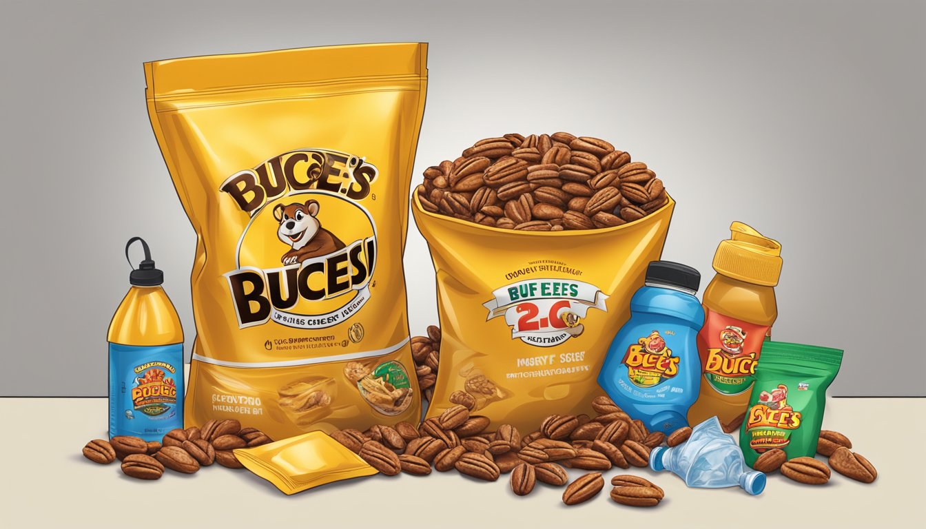 A pile of honey roasted pecans spilling out of a Buc-ee's snack bag, surrounded by workout gear and water bottle