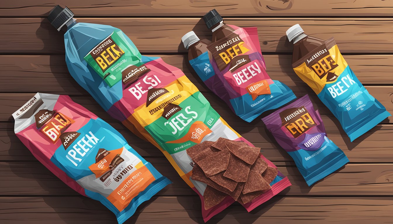 A colorful assortment of beef jerky packages arranged on a rustic wooden table, surrounded by workout equipment and water bottles