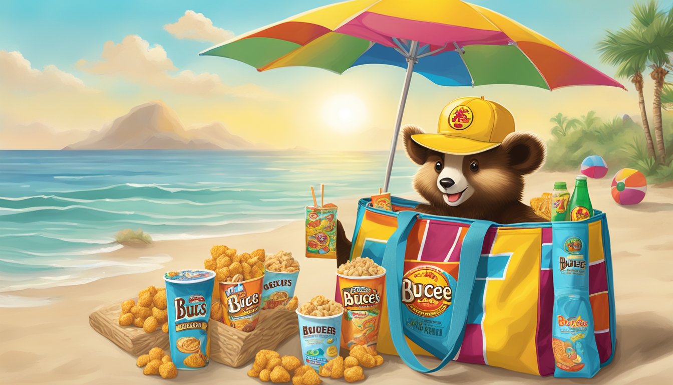 A sunny beach day with a colorful beach towel, a cooler filled with Buc-ee's snacks, and a bag of Buc-ee's Signature Beaver Nuggets