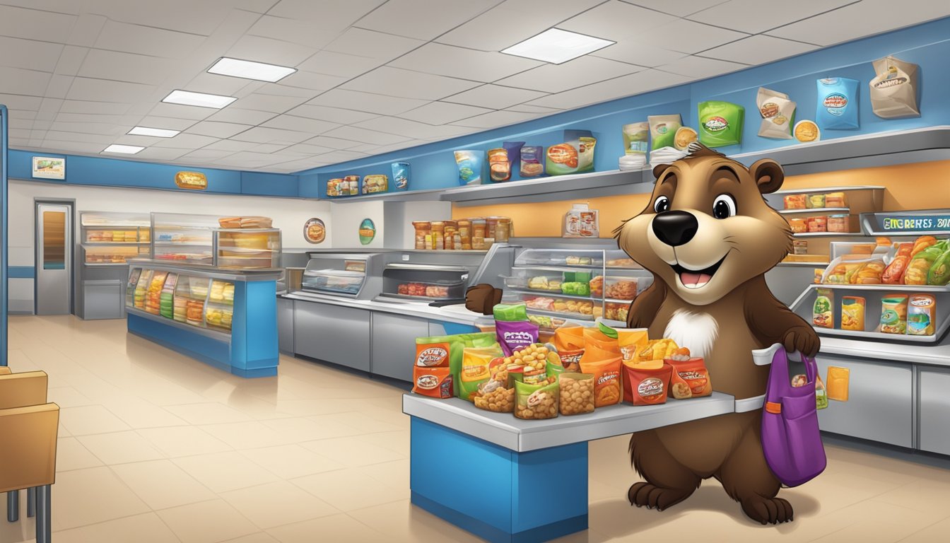 A smiling beaver mascot greets customers at a clean, spacious rest stop with a variety of snacks and merchandise