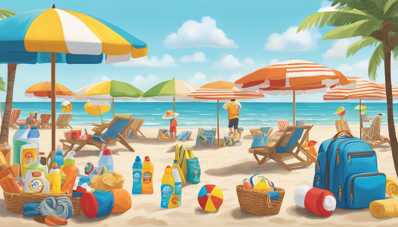 A sunny beach day with a Buc-ee's Sun Care Sport SPF 50 bottle, surrounded by 13 other beach items like towels, umbrellas, and coolers